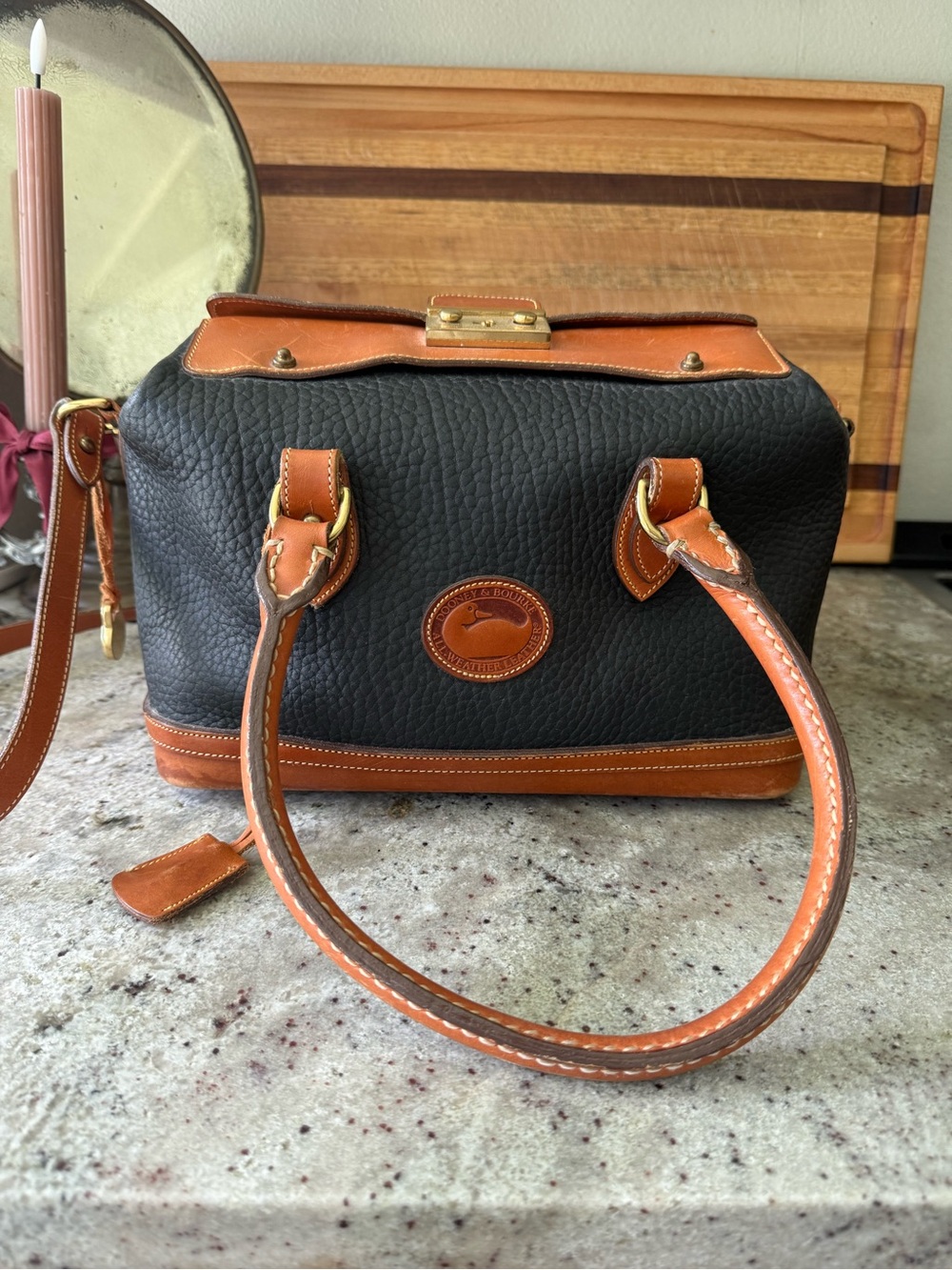 Vintage Dooney & Bourke AWL Doctor Bag | Black & Tan | Made in USA | Key & Strap